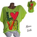 Damen Shirt mit Print Kurzarm Leicht Tunika Bluse Neon Gelb Gr.40 42 44 S0031