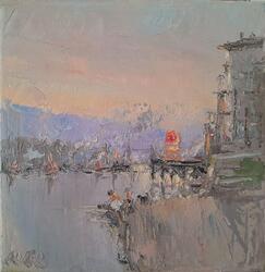 Impressionistisches Ölgemälde Leinwand von ROBERT E LEACH Turmbrücke 8"" x 8"" zx