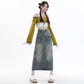Damen Denim Rock Jeans Rücken Schlitz Tasche Retro A-Linie Punk Freizeit Streetwear Chic