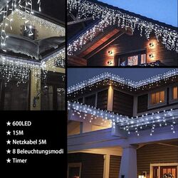 Weihnachts Lichterkette 200- 600 LED Warmweiß Kaltweiß Außen Bunt 31V Eisregen5m 10m 15m 8 Modi Verlängerbar 3 Farben