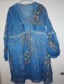 Damen Hochwertige Tunika Kleid Baumwolle mit Blumen Stickerei Blau M/L