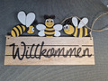 Holzschild "Willkommen" MDF-Holz mit 3 Bienen, Hängeschild 22 x 13 cm