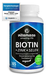 (284,60€/kg) Biotin hochdosiert 10mg + Selen + Zink für Haut, Haare, Nägel 365 Tabletten für 1 Jahr, Vergleichssieger, VEGAN