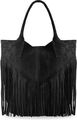 grosse Damentasche Wildleder Naturleder Fransen Boho-Style Beuteltasche schwarz