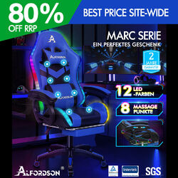 ALFORDSON Gaming Stuhl mit 8-Punkt Massage 12 Farben RGB LED-Licht Blau & Schwar