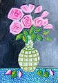Original Gemälde rosa Rosen in Glasvase, Kunst naiv/Volk auf Hartplatte, Blumen