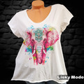 Italy Damen Shirt Oversized T-Shirt Glitzer  Weiß Elefant Pink Cotton 38,40 NEU