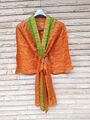 Midi Kimono Reine Seide Robe Knielang Abendkleid Bademantel Orange MKMO1014