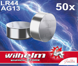 50 x Wilhelm AG13 Knopfzellen Knopfbatterien Uhrenbatterien Blisterpack NEU!!