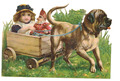 Große ! Oblaten Scrap die cut,Hund Kasper Puppe  Kutsche  Ausflug  15,8cm