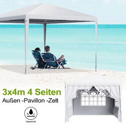 Pavillon 3x4m Wasserdicht mit 4 Seitenteilen und Fenstern Partyzelt Gartenzelt