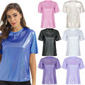 Frauen Glänzendes T-Shirt Casual Sparkling Rundhals Kurzarm Tops Club-wear