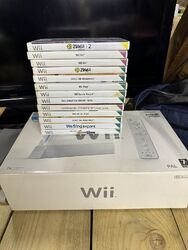 Boxed Nintendo Wii Konsolenpaket 1 Fernbedienung und Spannfutter 14 Spiele Inc Wii Sport