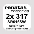 2x Renata 317 Uhren-Batterie Knopfzelle SR516SW Silberoxid im Blister