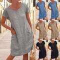Damen Leinen-Optik Sommerkleid Locker Tunikakleid Minikleid Strandkleid Urlaub