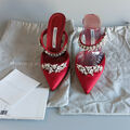 Manolo Blahnik Lurum Satin Mules burgund mit Kristallbesatz Gr. 38,5  *** TOP **