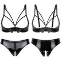 DE Damen Offene Brüste Brustwarzen BH Lackleder Dessous Set Wet Look Nachtwäsche