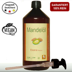 Esana Mandelöl süß 1 Liter 1000ml Qualitäts-Mandelöl Hautpflege, Kosmetik +Pumpe