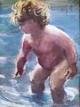 Spielendes Kind am Meer Original Italienische 70er Jh. Aquarellmalerei signiert