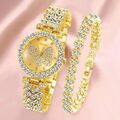 Damen Armbanduhr & Armkette Schmuckset Strass Gold Quarz Geschenk Luxus NEU