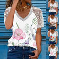 Damen Blumen T-Shirt Sommer Top Spitze Kurzarm Bluse Freizeit Shirt Oberteile DE