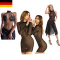 DE Damen Langarm Mesh Minikleid Durchsichtig Nachtkleid Rollkragen Bodycon Kleid