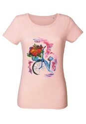 ul18 Damen T-Shirt Wants Bicycle with Flowers | Kurzarm Rundhals Design Freizeit
