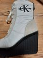 Neu OVP Calvin Klein Jeans Damen Schnürung Boots Stiefel Gr.38 Stiefeletten weiß