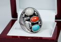 Silber - vintage Herren-Ring - Türkis und Koralle - Navajo, Indianerschmuck