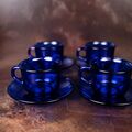 Kaffeetasse mit Untertasse Arcoroc France Glas kobaltblau 70er Vintage, Set 8tlg