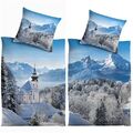 Partnerbettwäsche Berg Winter Kirche Alpen Natur 100% Baumwolle Set 4-tlg Ökotex