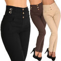 Hose Knopfleiste High Waist Stretch Gürtelschnalle Strass Treggings Leggings 297