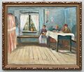 Genre scene in the living room, antique oil on canvas painting, family