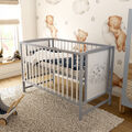 Babybett Gitterbett Kinderbett Bärchen 120x60 Grau Weiß mit Matratze