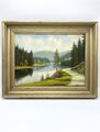 Altes Gemälde Öl auf Holz Landschaft Fluss Natur Signiert Rahmen Holz