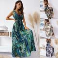 Damen V-Neck Print Ärmellos Rückenfreies Kleid Maxikleid Strandkleid Sommerkleid