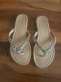 Sandalen Sandaletten  beige m. Perlen Glitzer Strass 38 Zehentrenner Flip Flops