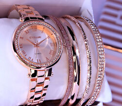 Excellanc Damen Armband Uhr Rose Gold Farben Strass 4 Armreifen Geschenk Set 2 