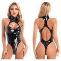 DE Damen Bodysuit Body Lackleder Stringbody Wetlook Glänzend mit Reißverschluss