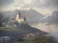 Antikes Gemälde Öl auf Leinwand Insel mit Kirche im See im Gebirge