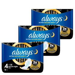 3 x Always Ultra Secure Night Binden Größe 4 dreifach Protection je 9 Stück