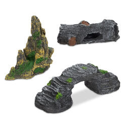 Aquarium Deko Set 3-tlg Zubehör Einrichtung Decoration Felsen Baumhöhle Brücke