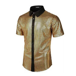 Disco-Anzug Für Herren Silberfarben Pailletten Kurzärmelig Button-Down-Hemd Φ