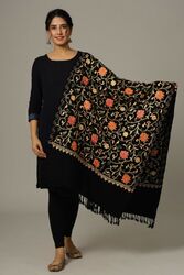 Schwarz Indisch Wolle Schal Bestickt Rosa Orange Blumen & Gold Wein Pashmina Ari