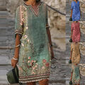 Damen Vintage Sommerkleid Shiftkleid Freizeitkleid Urlaubkleid V-Neck Midiklied