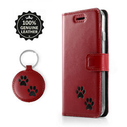 SURAZO Echtes Leder Handyhülle Flip Wallet Case Cover Etui -Rot mit Pfoten MotivCosta Rot | schwarze Pfoten Motiv | Stand funktion