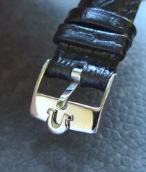 Omega Edelstahl Dornschließe (NOS) mit 18mm Qualitäts-Lederband  -schwarz-