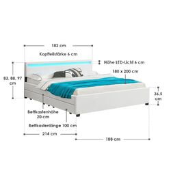 Polsterbett Kunstlederbett Doppelbett Lederbett mit Bettkasten LED Bett Juskys®Weiß & Schwarz & Grau ✔️ In 140&180cm ✔️ Bettkasten ✔️
