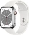 Apple Watch Series 8 45 mm Edelstahlgehäuse silber am Sportarmband weiß [Wi-Fi +