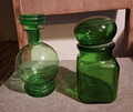 alte Glas Karaffe + Dose mit Deckel, grün, ca. 1950er, 1960er, Flasche, alt
